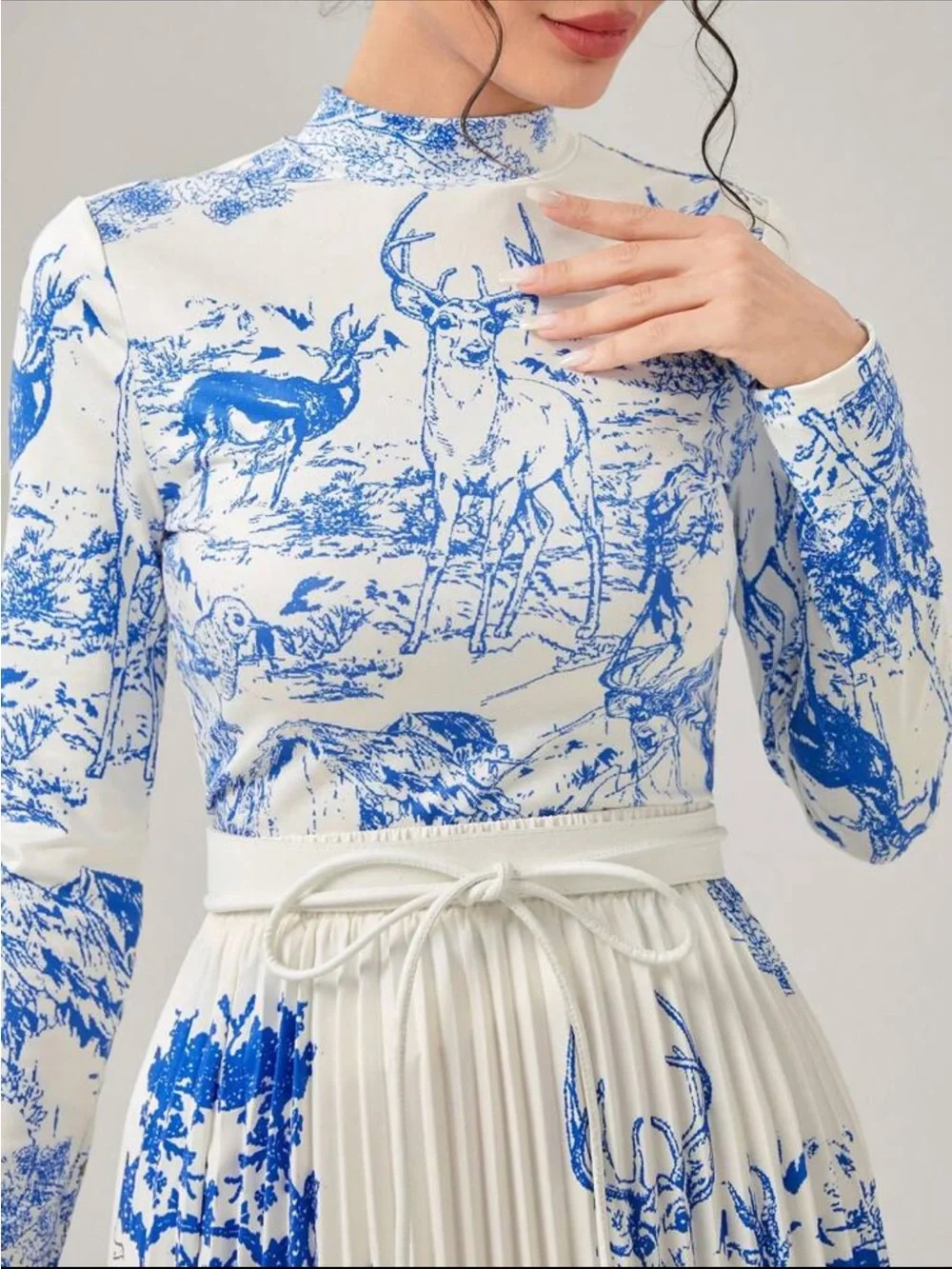 Blue & White Deer Printed Pleated Skirt and Long Sleeve Top Set - XL